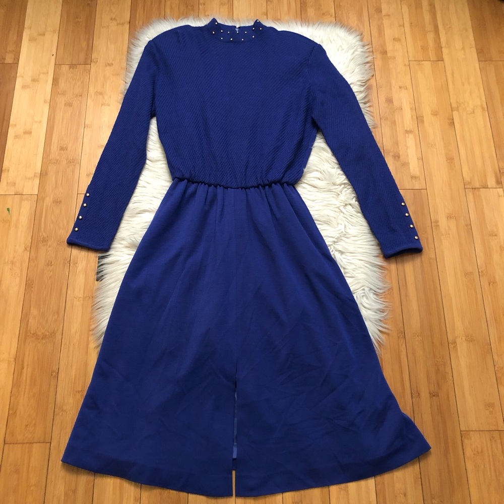 Vintage 70s 80s CIAO Ltd Wool Preppy Gold Stud Cobalt Midi Knot Sweater Dress 12